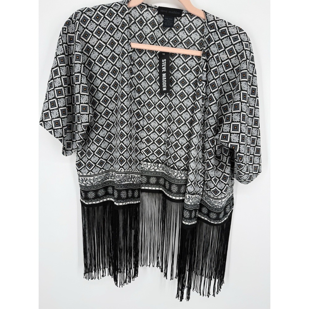 Steve Madden OSFM Lightweight Open Geometric Pattern Fringe Kimono Long
